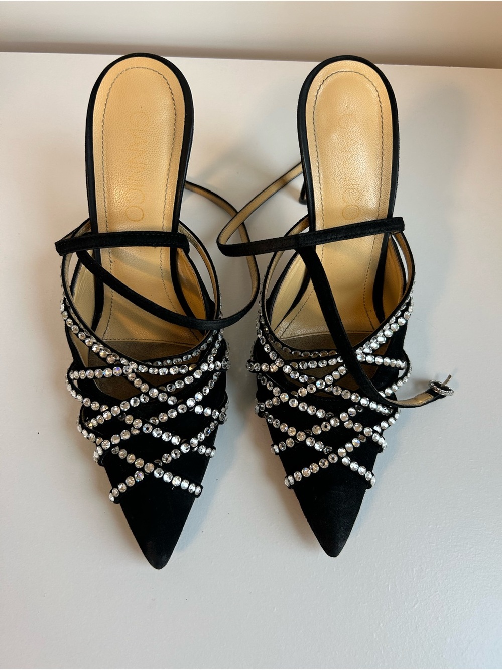 GIANNICO Black Satin Crystal Embellished Strappy Pointed-Toe Heels